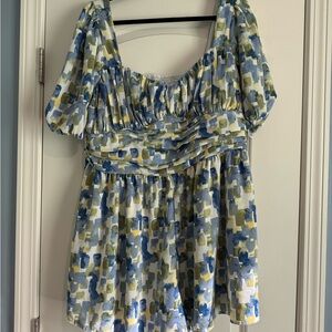 Abercrombie Square Neck Puff Sleeve Romper in Blue & Olive Brushstroke Print
